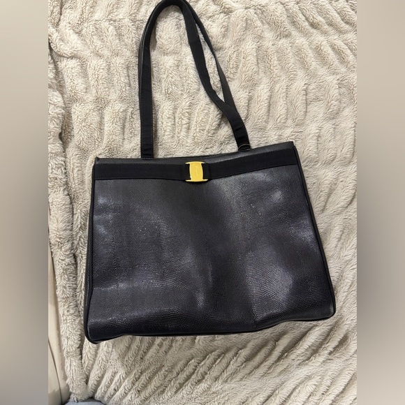 Salvatore Ferragamo Vara Bow Tote Bag - Black Textured Leather - EUC - Picture 3 of 8